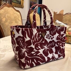 Prada Canapa Small Tote Bag – Burgundy & White Hibiscus Print